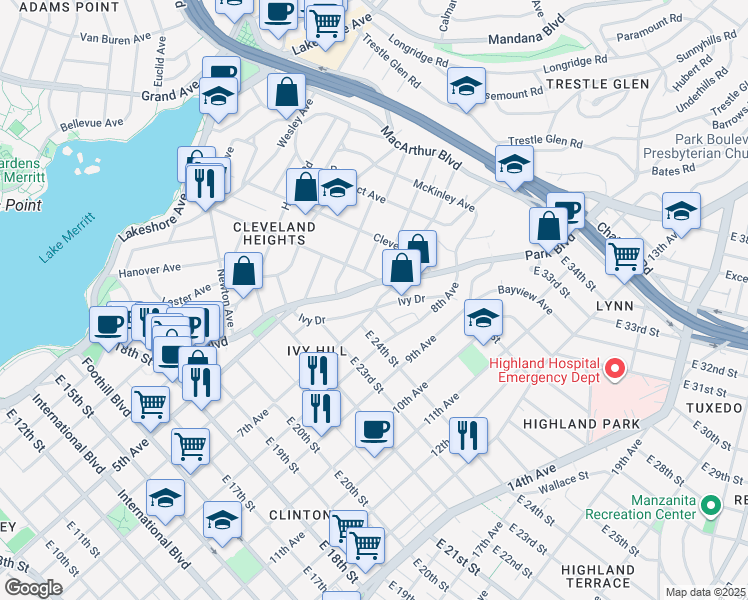 map of restaurants, bars, coffee shops, grocery stores, and more near 2451 Ivy Drive in Oakland