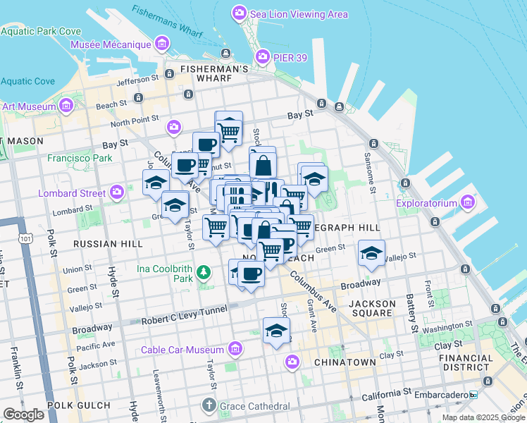 map of restaurants, bars, coffee shops, grocery stores, and more near 1815 Powell Street in San Francisco