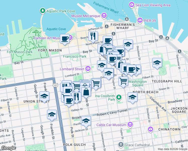 map of restaurants, bars, coffee shops, grocery stores, and more near 2215 Leavenworth Street in San Francisco