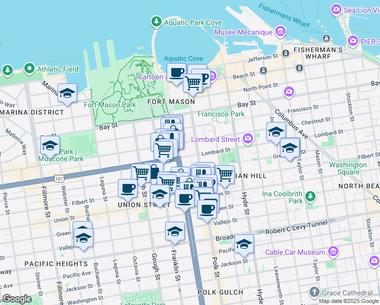 map of restaurants, bars, coffee shops, grocery stores, and more near 2800 Van Ness Avenue in San Francisco