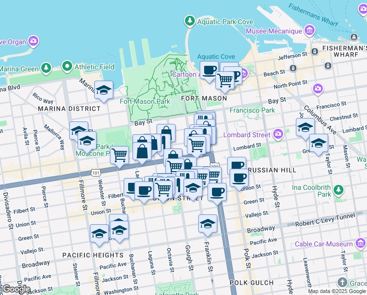 map of restaurants, bars, coffee shops, grocery stores, and more near 1530 Lombard Street in San Francisco