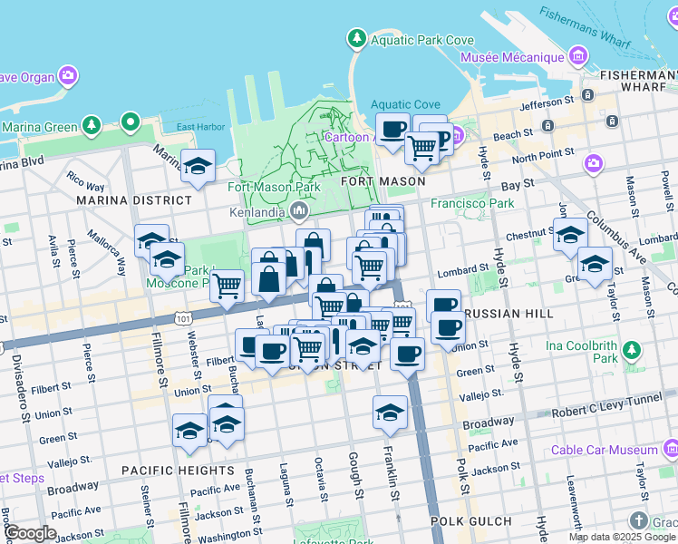 map of restaurants, bars, coffee shops, grocery stores, and more near 1530 Lombard Street in San Francisco