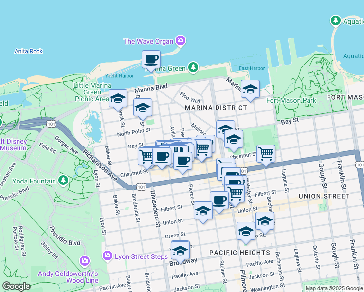map of restaurants, bars, coffee shops, grocery stores, and more near 104 Avila Street in San Francisco