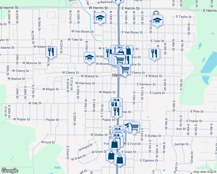 map of restaurants, bars, coffee shops, grocery stores, and more near 212 South 17th Street in Herrin