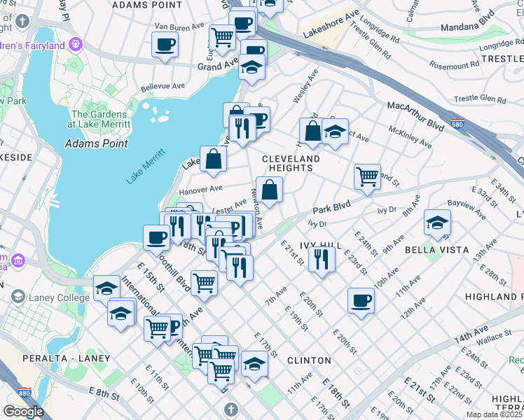 map of restaurants, bars, coffee shops, grocery stores, and more near 300 Newton Avenue in Oakland