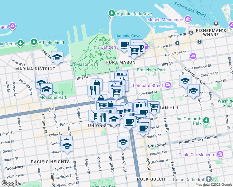 map of restaurants, bars, coffee shops, grocery stores, and more near 1450 Lombard Street in San Francisco