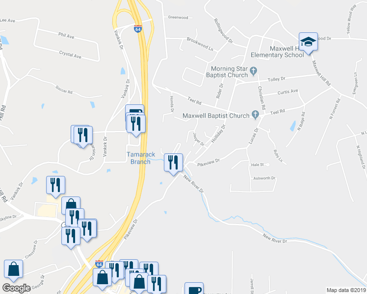 map of restaurants, bars, coffee shops, grocery stores, and more near 298 Manor Drive in Beckley