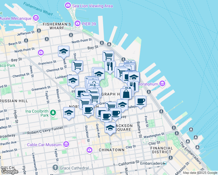 map of restaurants, bars, coffee shops, grocery stores, and more near 341 Filbert Street in San Francisco