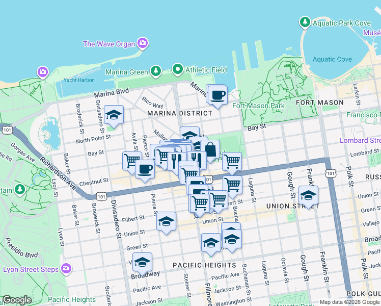 map of restaurants, bars, coffee shops, grocery stores, and more near 3500 Fillmore Street in San Francisco