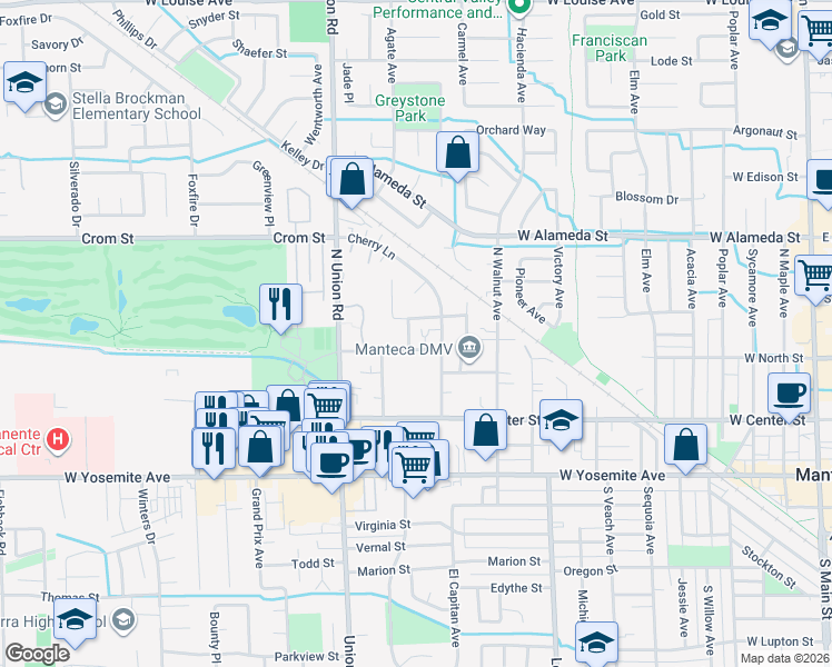 map of restaurants, bars, coffee shops, grocery stores, and more near 322 Sun West Place in Manteca