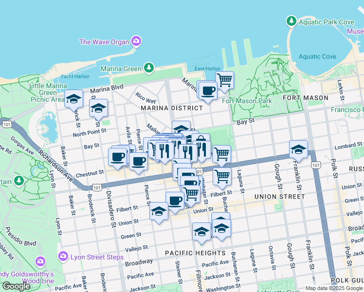 map of restaurants, bars, coffee shops, grocery stores, and more near 3500 Fillmore Street in San Francisco