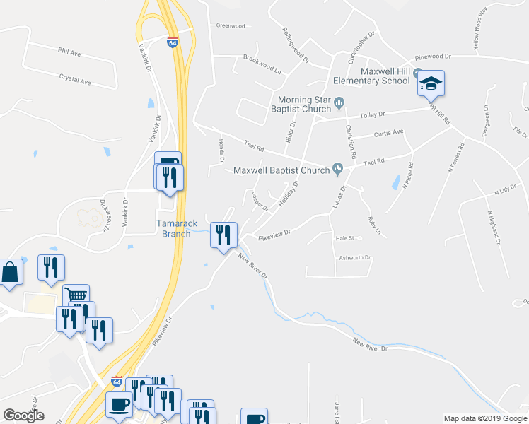 map of restaurants, bars, coffee shops, grocery stores, and more near Lode Drive in Beckley