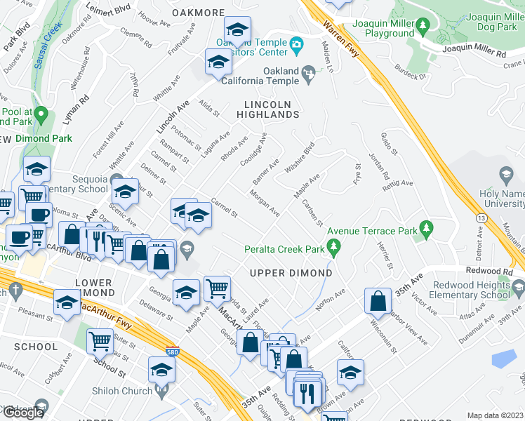 map of restaurants, bars, coffee shops, grocery stores, and more near 2935 Morgan Avenue in Oakland