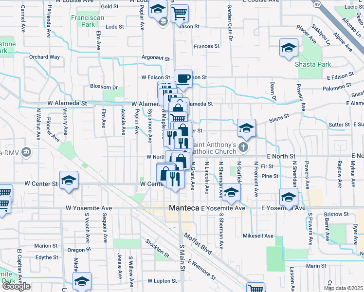 map of restaurants, bars, coffee shops, grocery stores, and more near 326 North Main Street in Manteca