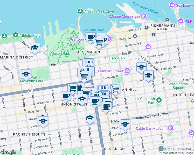 map of restaurants, bars, coffee shops, grocery stores, and more near 1360 Lombard Street in San Francisco