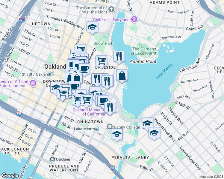 map of restaurants, bars, coffee shops, grocery stores, and more near 1425 Lakeside Drive in Oakland