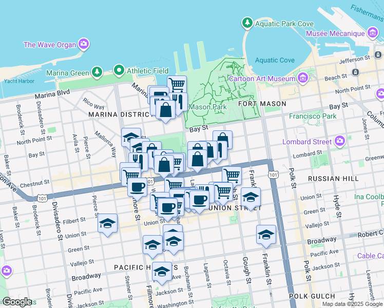map of restaurants, bars, coffee shops, grocery stores, and more near 3255 Laguna Street in San Francisco