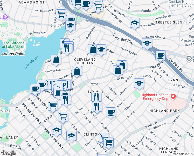 map of restaurants, bars, coffee shops, grocery stores, and more near Park Boulevard in Oakland