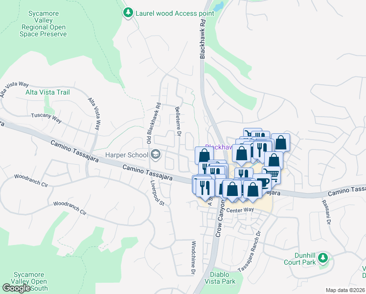map of restaurants, bars, coffee shops, grocery stores, and more near 264 Promenade Lane in Danville