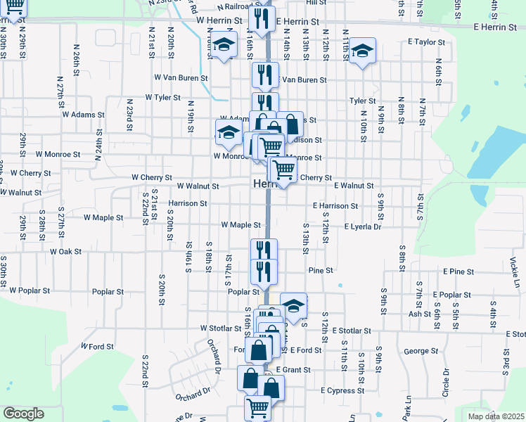 map of restaurants, bars, coffee shops, grocery stores, and more near 201 Harrison Street in Herrin