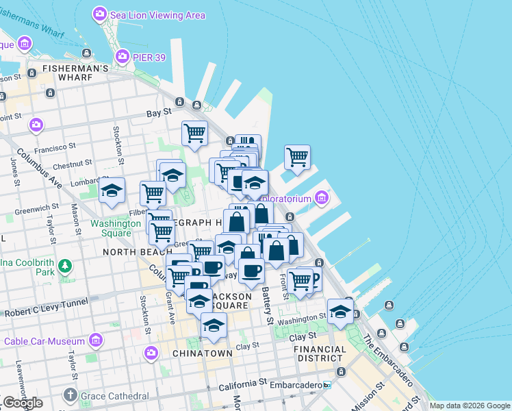 map of restaurants, bars, coffee shops, grocery stores, and more near 1160 Battery Street in San Francisco
