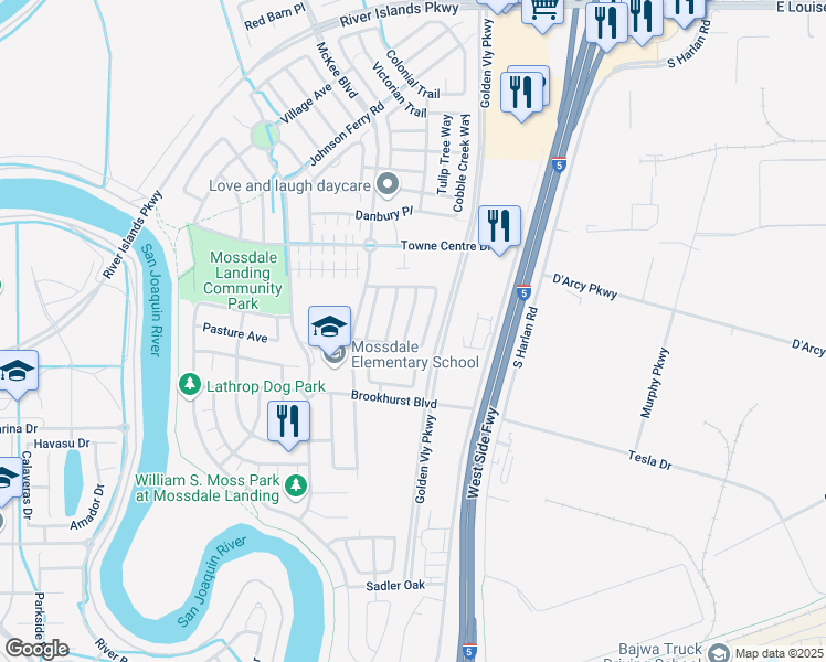 map of restaurants, bars, coffee shops, grocery stores, and more near 17452 Stone Celler Way in Lathrop
