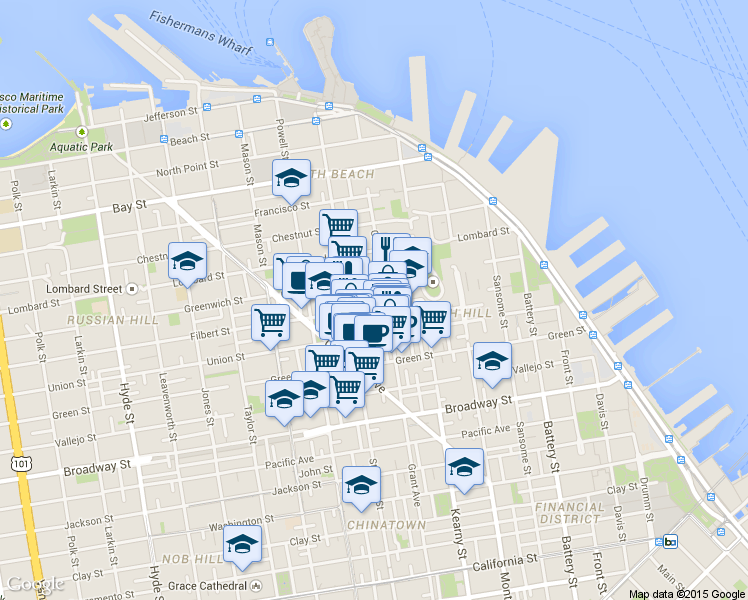 map of restaurants, bars, coffee shops, grocery stores, and more near 1 Krausgrill Place in San Francisco
