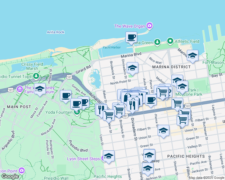 map of restaurants, bars, coffee shops, grocery stores, and more near 2301 Bay Street in San Francisco