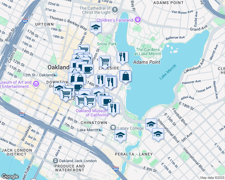 map of restaurants, bars, coffee shops, grocery stores, and more near 126 14th Street in Oakland