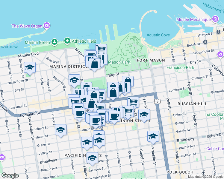 map of restaurants, bars, coffee shops, grocery stores, and more near 3255 Laguna Street in San Francisco