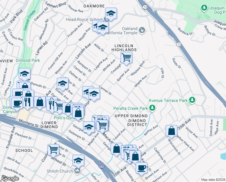 map of restaurants, bars, coffee shops, grocery stores, and more near 2877 Carmel Street in Oakland