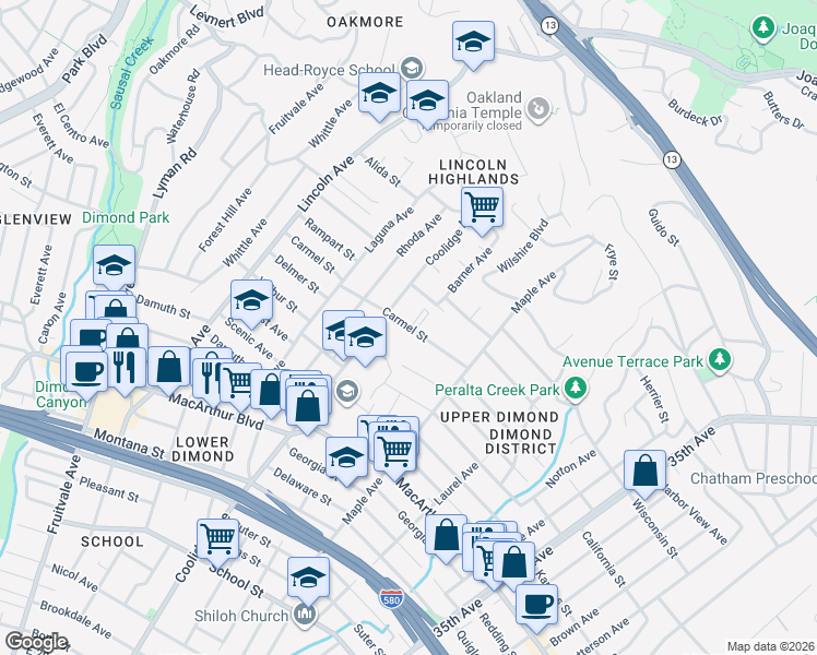 map of restaurants, bars, coffee shops, grocery stores, and more near 2877 Carmel Street in Oakland