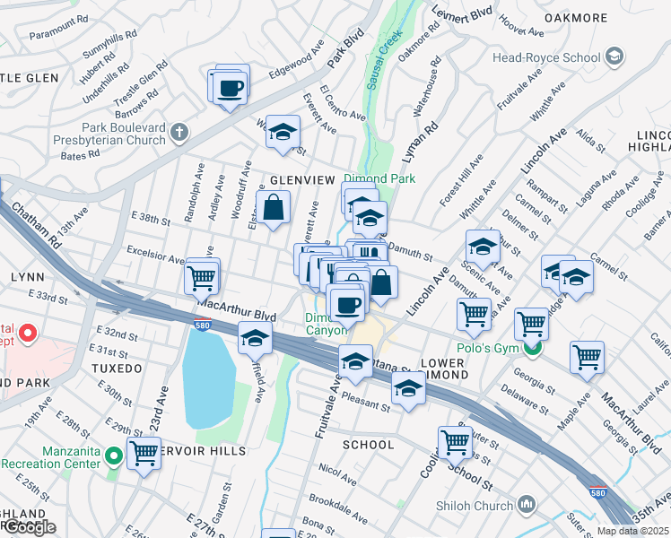 map of restaurants, bars, coffee shops, grocery stores, and more near 3541 Dimond Avenue in Oakland
