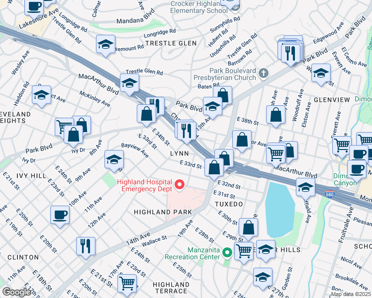 map of restaurants, bars, coffee shops, grocery stores, and more near 1315 East 34th Street in Oakland