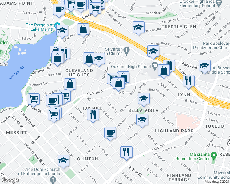 map of restaurants, bars, coffee shops, grocery stores, and more near 2558 Ivy Drive in Oakland