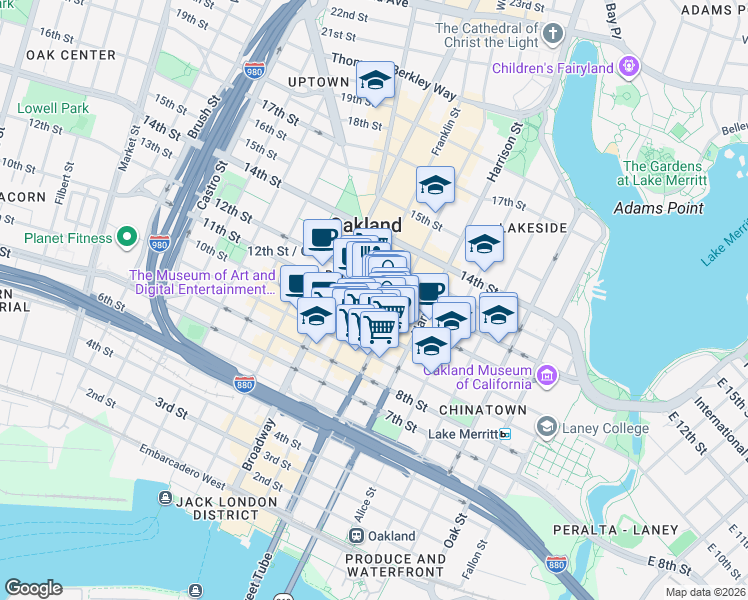 map of restaurants, bars, coffee shops, grocery stores, and more near in Oakland