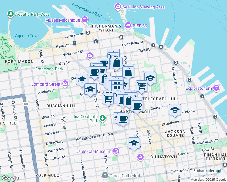 map of restaurants, bars, coffee shops, grocery stores, and more near 735 Columbus Avenue in San Francisco