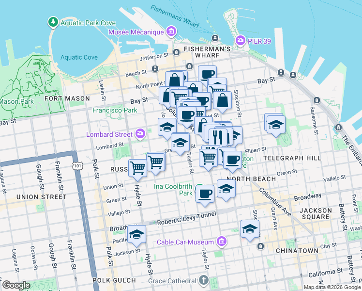 map of restaurants, bars, coffee shops, grocery stores, and more near 925 Greenwich Street in San Francisco