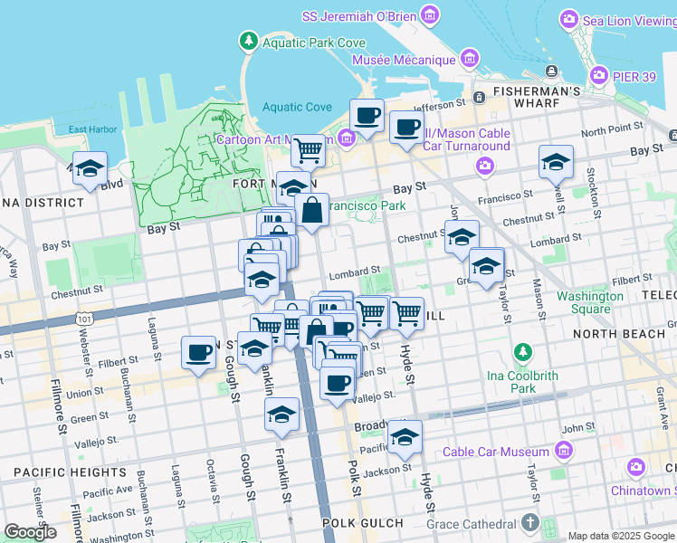 map of restaurants, bars, coffee shops, grocery stores, and more near 1271 Lombard Street in San Francisco