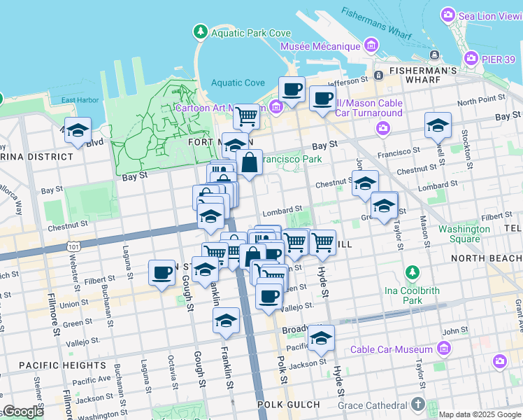 map of restaurants, bars, coffee shops, grocery stores, and more near 1271 Lombard Street in San Francisco