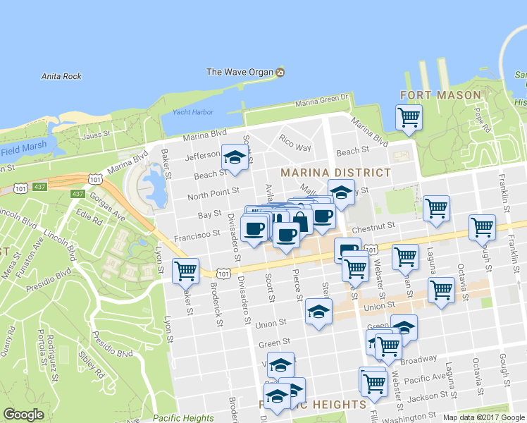 map of restaurants, bars, coffee shops, grocery stores, and more near 104 Avila Street in San Francisco