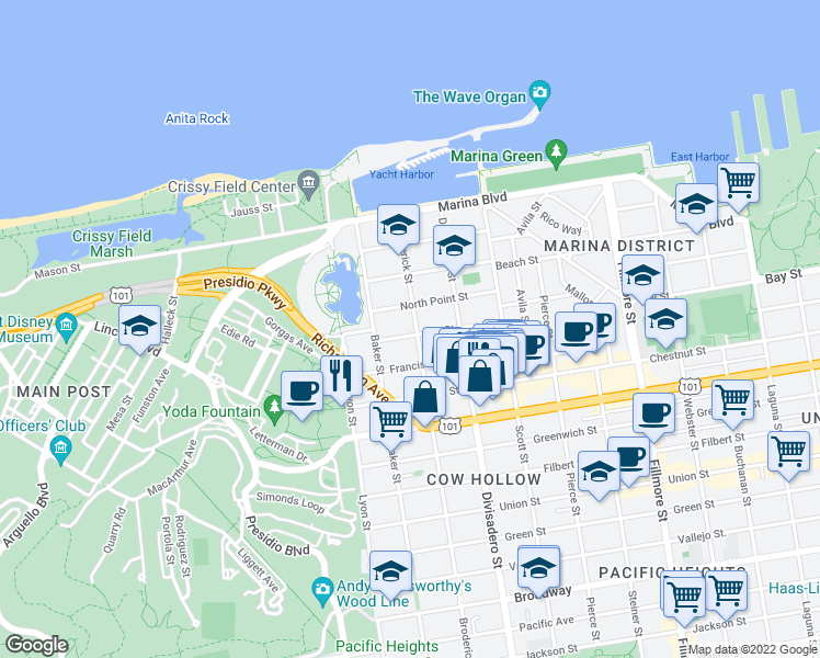 map of restaurants, bars, coffee shops, grocery stores, and more near 2301 Bay Street in San Francisco