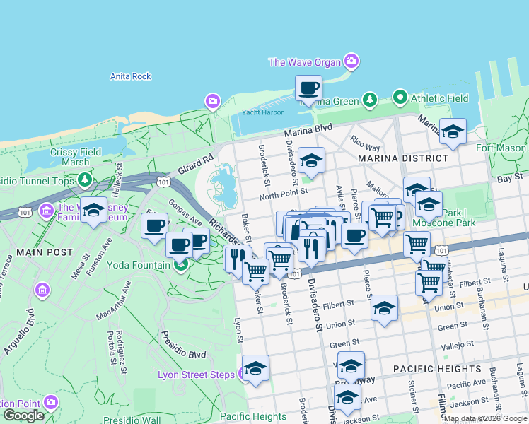 map of restaurants, bars, coffee shops, grocery stores, and more near 2301 Bay Street in San Francisco