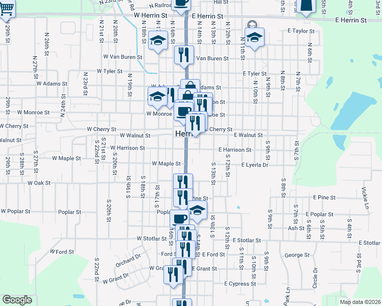 map of restaurants, bars, coffee shops, grocery stores, and more near 199 East Lyerla Drive in Herrin