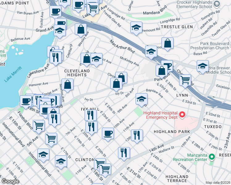 map of restaurants, bars, coffee shops, grocery stores, and more near 2551 Ivy Drive in Oakland