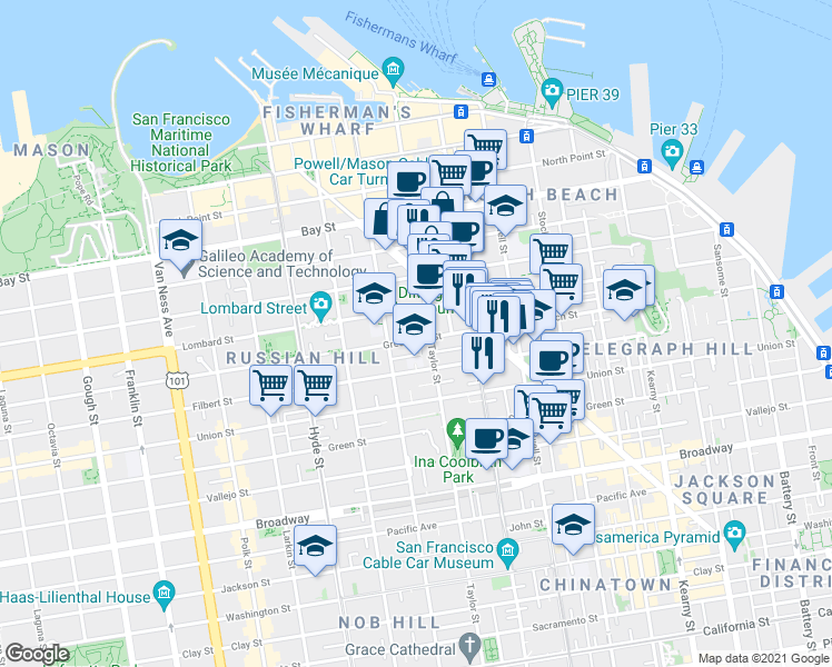 map of restaurants, bars, coffee shops, grocery stores, and more near 925 Greenwich Street in San Francisco