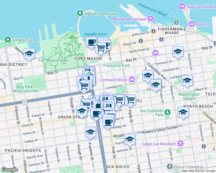 map of restaurants, bars, coffee shops, grocery stores, and more near 1271 Lombard Street in San Francisco