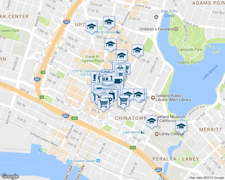 map of restaurants, bars, coffee shops, grocery stores, and more near 345 12th St in Oakland