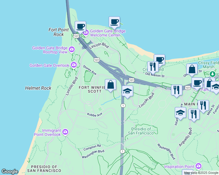 map of restaurants, bars, coffee shops, grocery stores, and more near 1275 Ruckman Avenue in San Francisco