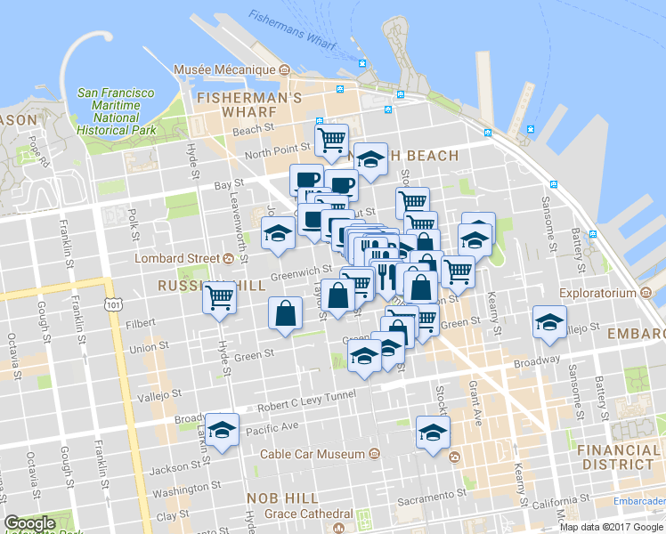 map of restaurants, bars, coffee shops, grocery stores, and more near Greenwich Street in San Francisco